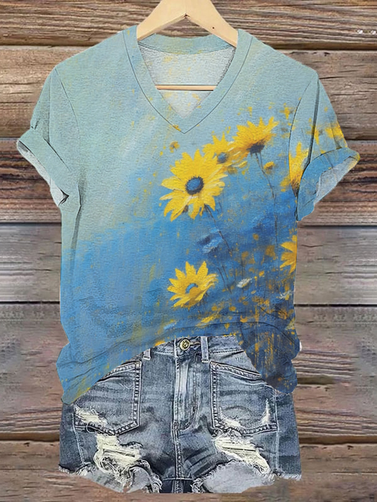 Ukrainian Flag In Floral Oil Art Stop Ukr War  Print T-shirt