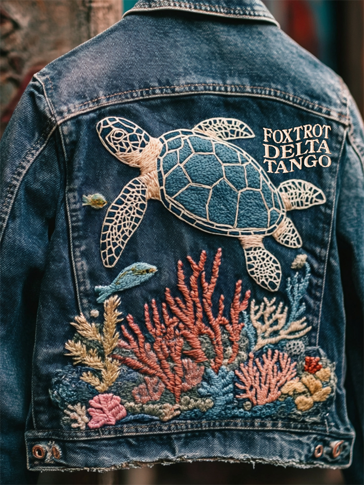 Foxtrot Data Tango Gulf Of Mexico Turtle Coral Embroidered Denim Jacket