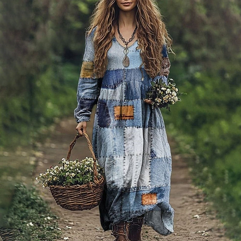 Geometric Denim Patchwork Pattern Women's Flowy Maxi Dress