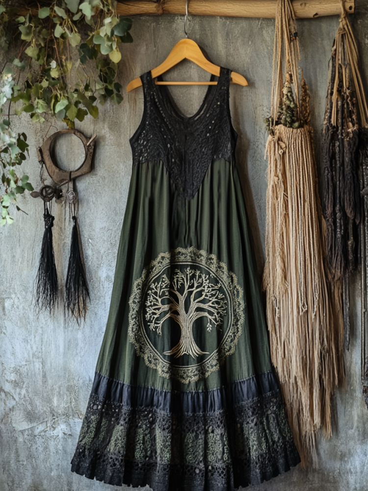 Vintage Tribal Celtic Knot Life Of Tree Lace Patchwork Art Linen Tank Dress