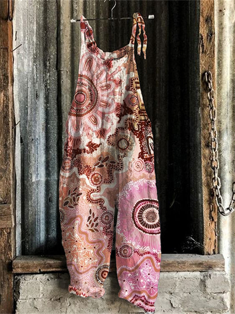Boho Floral Ethnic Art Linen Blend Jumpsuit