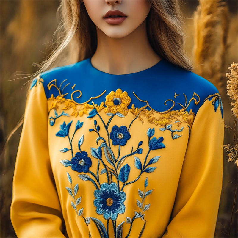 Ukraine Ethnic Floral Embroidered Contrast Color Sweatshirt
