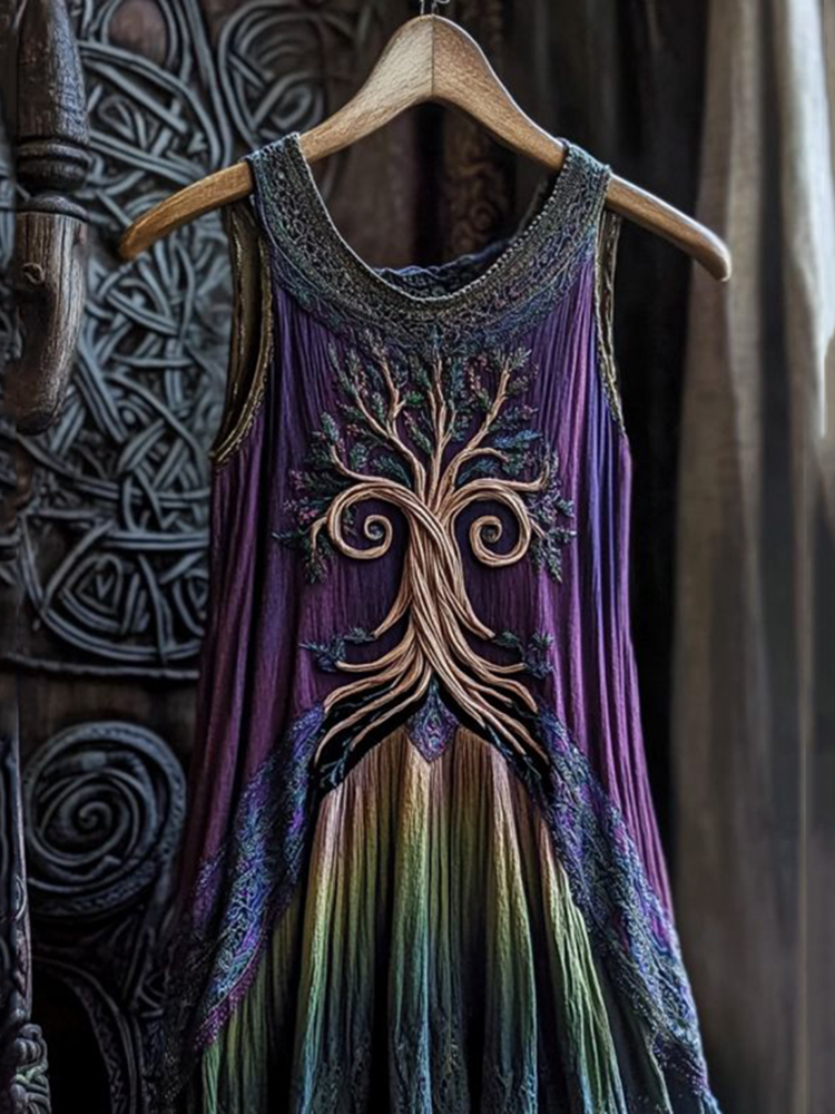 Vintage Viking Celtic Tree Gradient Linen Comfy Midi Dress