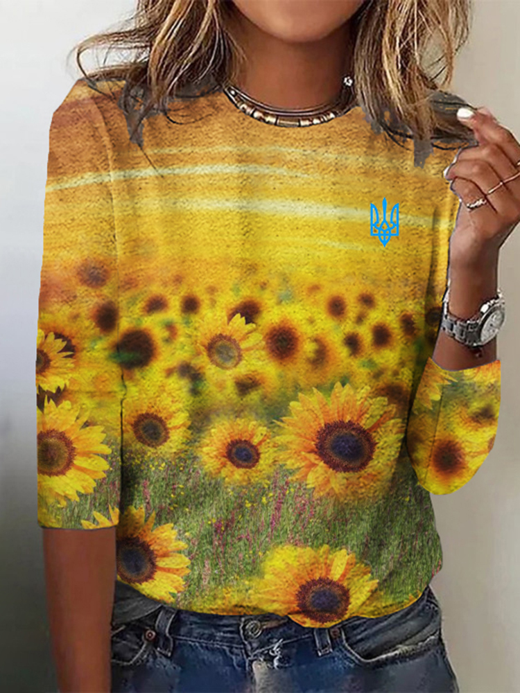 Ukrainian Sunflower Print Long-sleeved T-shirt
