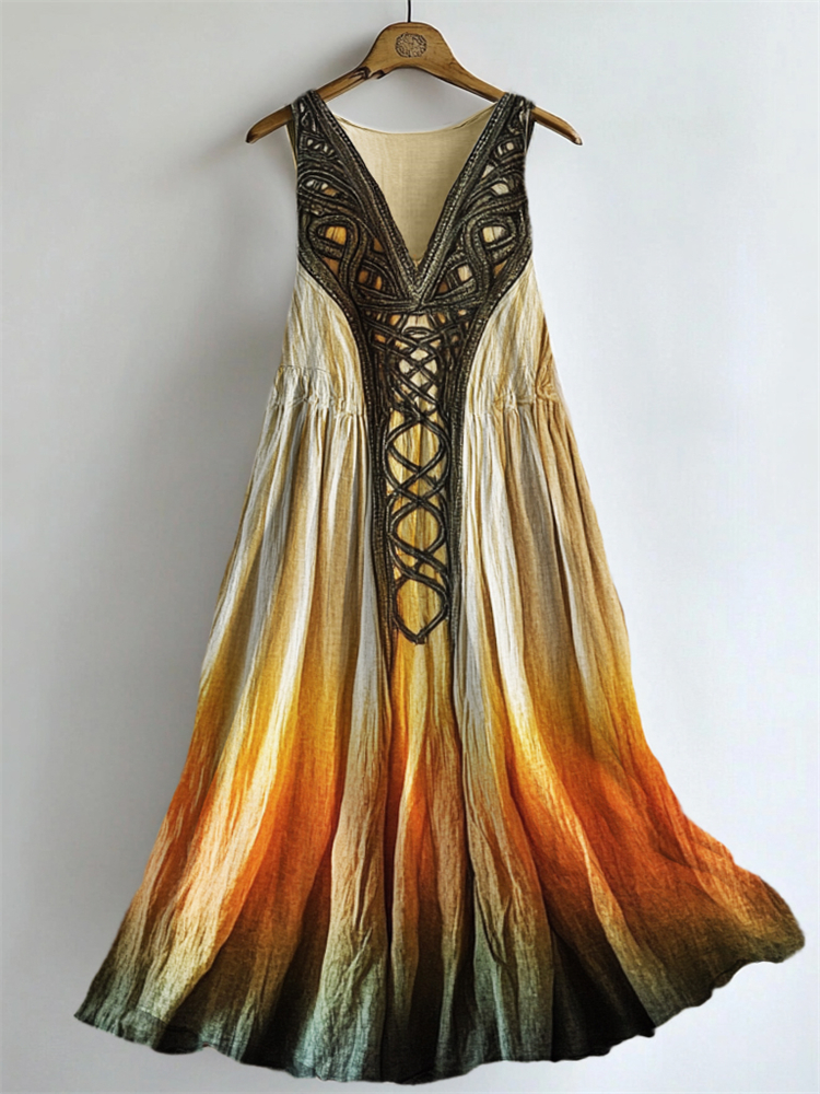 Vintage Celtic Knot Forest Elf Gradient Flowy Linen Dress