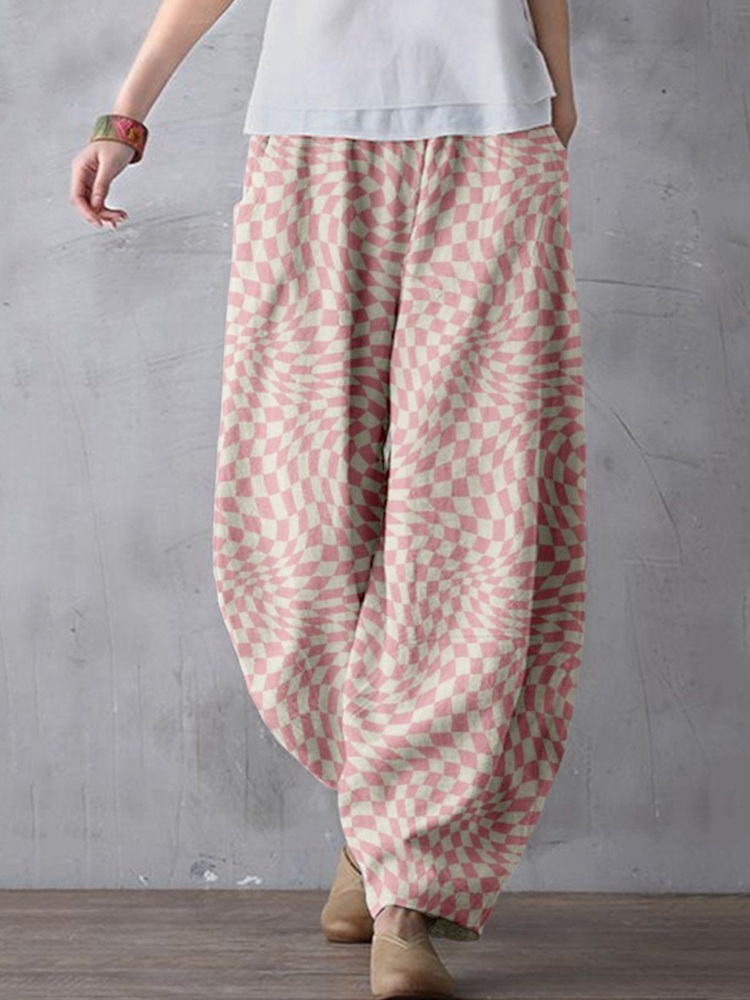 Wavy Checkerboard Pattern Linen Blend Comfy Pants