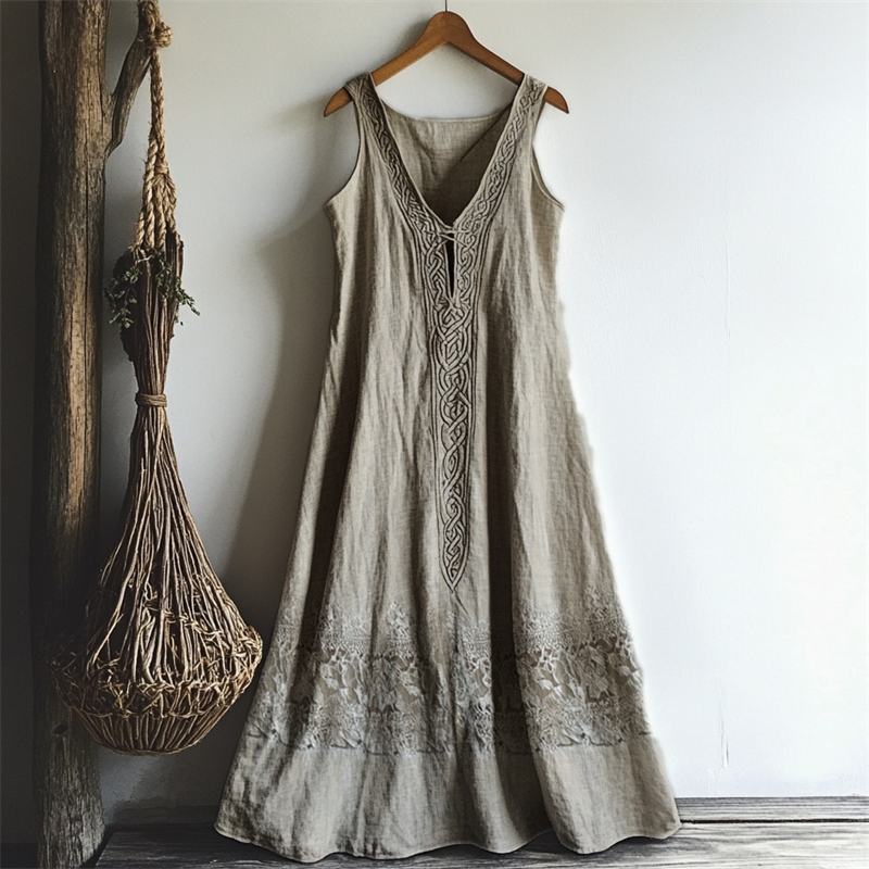 Vintage Celtic Knot Lace Patchwork Linen Tank Dress