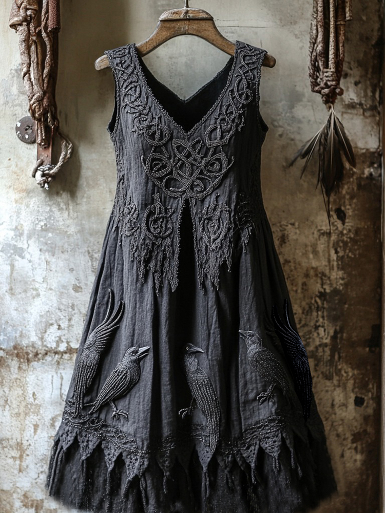 Women's Tribal Dark Night Raven Embroidery Celtic Lace Art Tank Dress