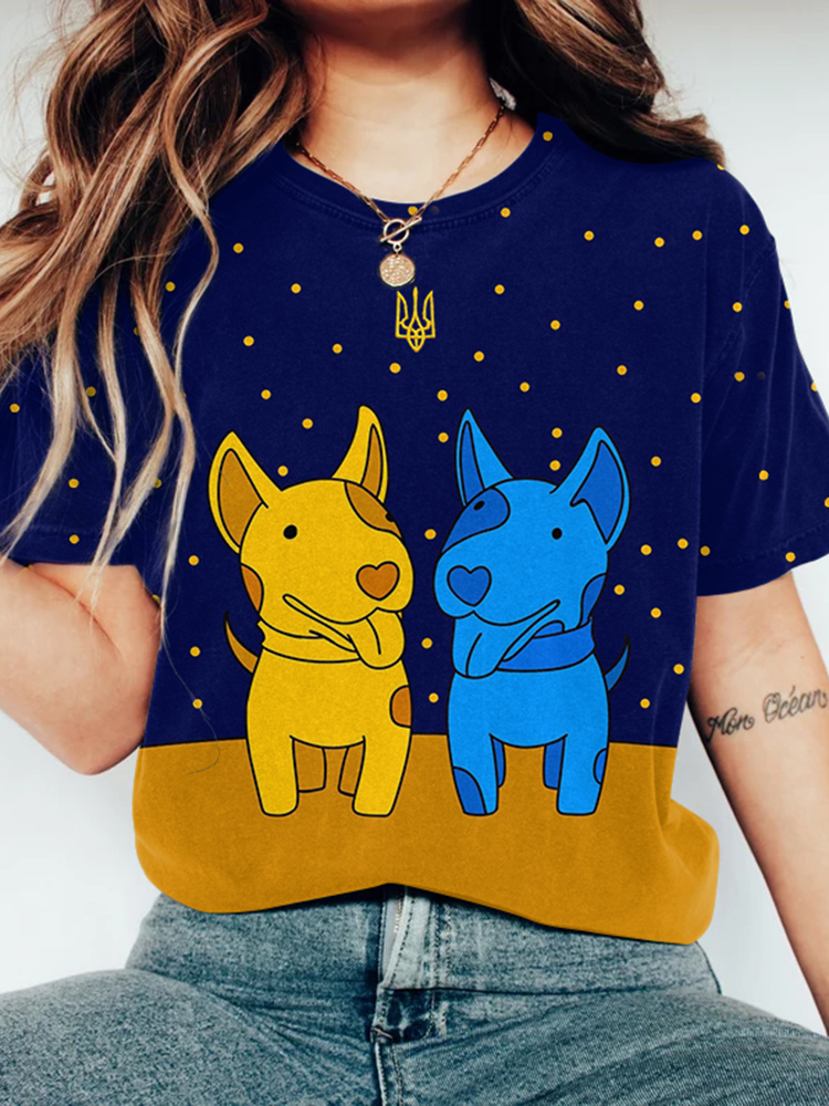 Women's Ukraine Flag Dog Print Crew Neck Casual T-shirt
