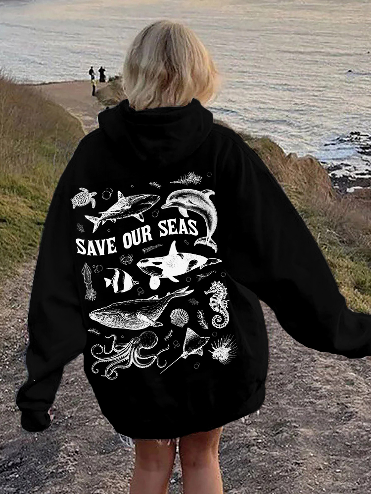 Save Our Seas Print Ocean Lover Comfy Hoodie