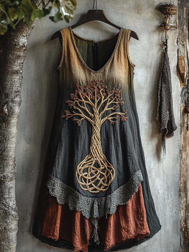 Viking Tree Of Life Lace Gradient Art Linen Tank Dress