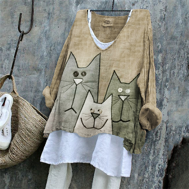 Lovely Cats Patchwork Fiber Art Linen Blend Tunic