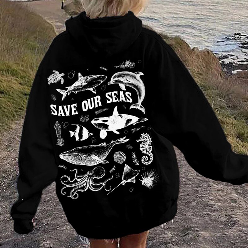 Save Our Seas Print Ocean Lover Comfy Hoodie