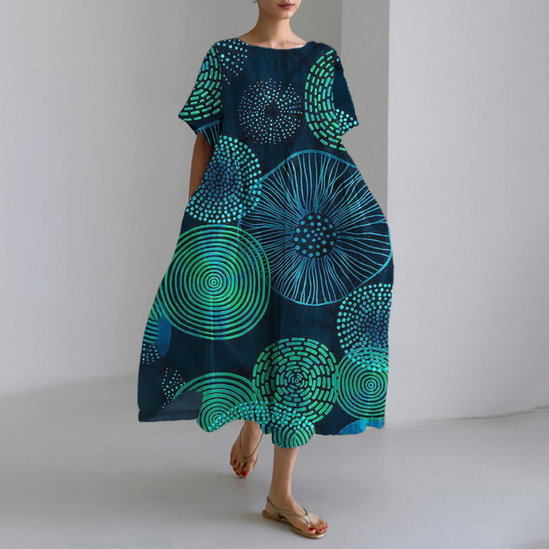 Circle Abstract Art Women's Linen Short Sleeve Maxi Dress