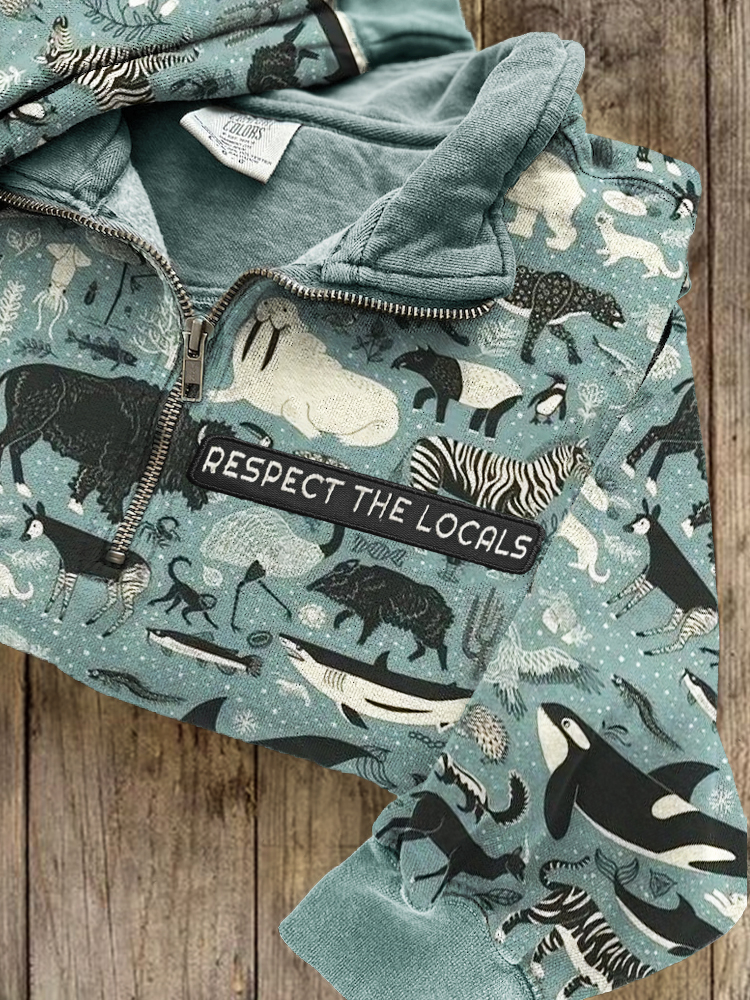 Respect The Locals Embroidered Animals Pattern Zip Up Sweatshirt