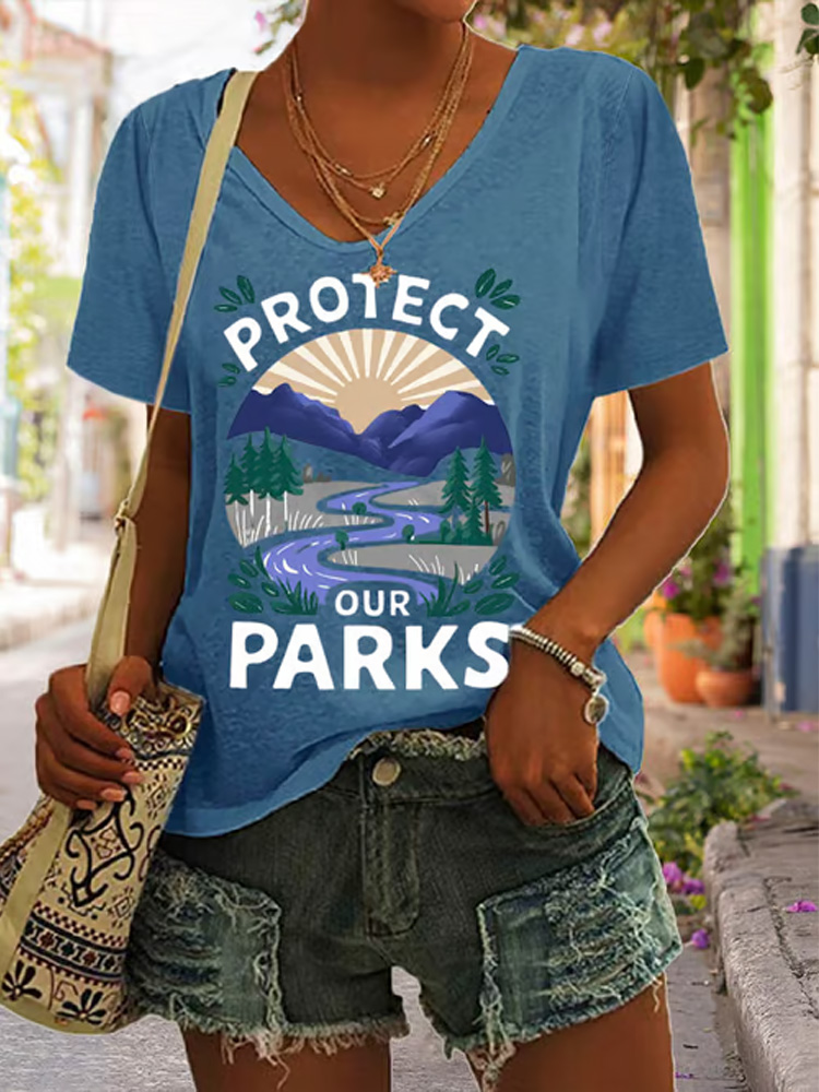 Women's Protect Our National Parks Print V Neck Casual T-shirt