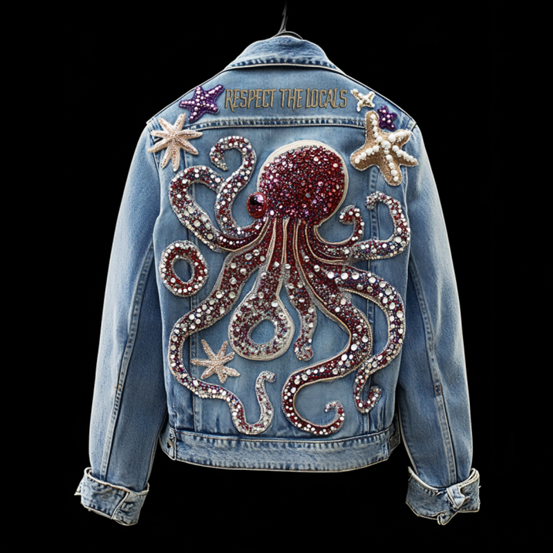 Respect The Locals Octopus With Diamond Embroidered Denim Jacket