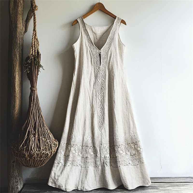 Vintage Celtic Knot Lace Patchwork Linen Tank Dress