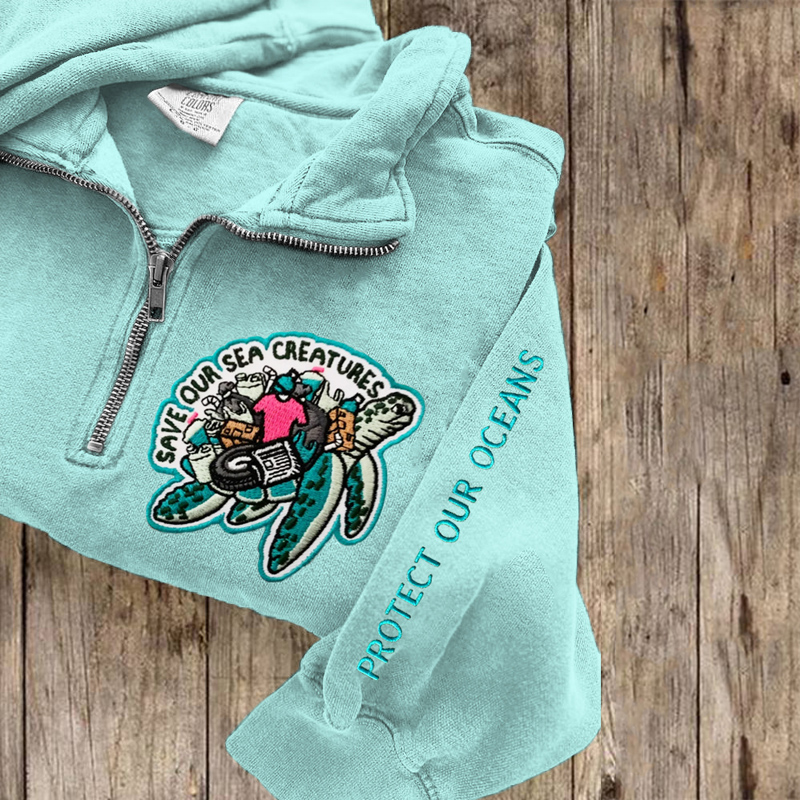 Save Our Sea Creatures Embroidery Half-zip Sweatshirt