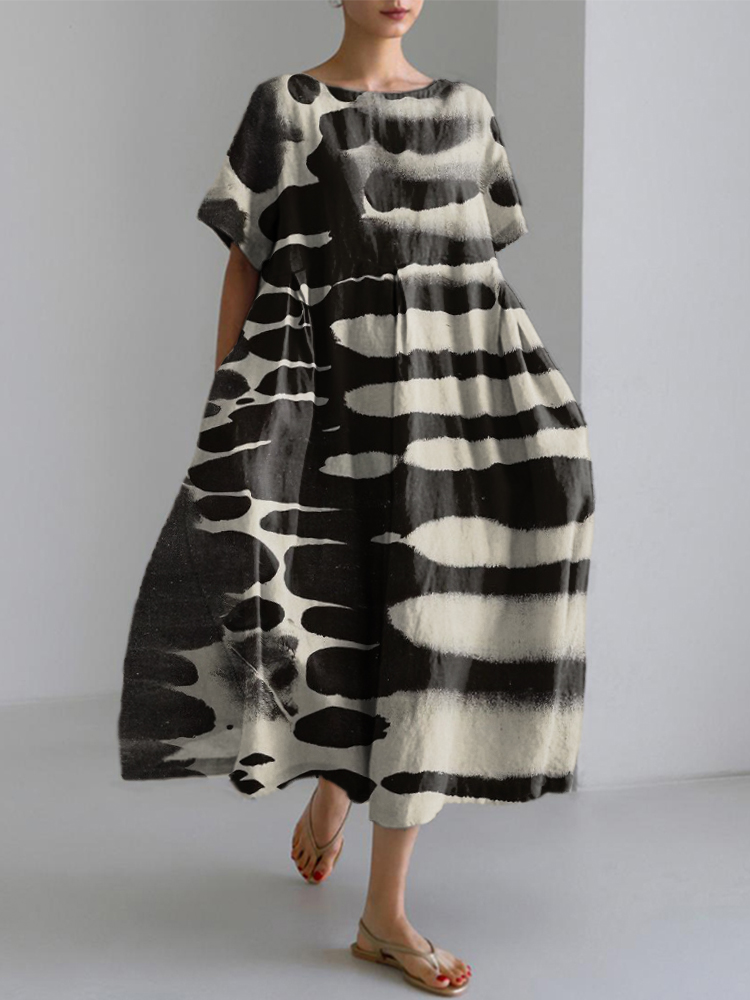 Women's Zebra Style Abstract Art Print Linen Blend Dress