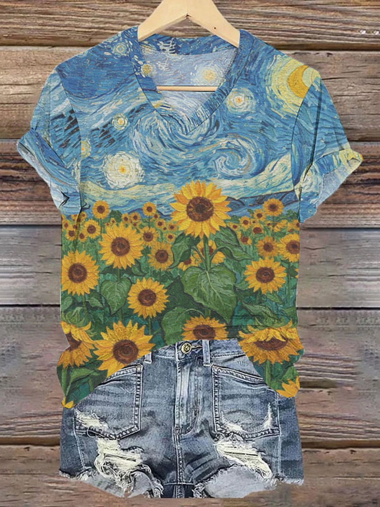 Retro Ukrainian Sunflower In Starry Night We Standing Together Art Pattern Casual T Shirt