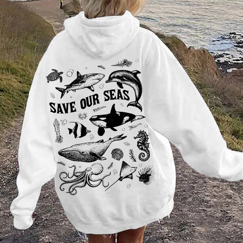Save Our Seas Print Ocean Lover Comfy Hoodie