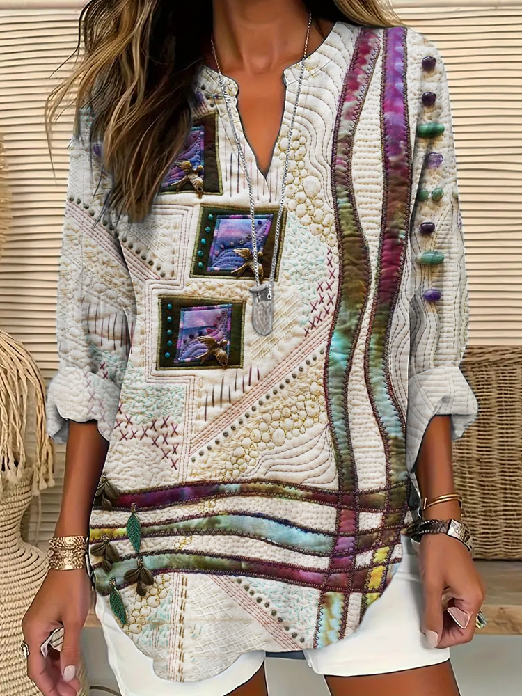 Flower & Bird Embroidery Art Women's Linen V-neck Shirt