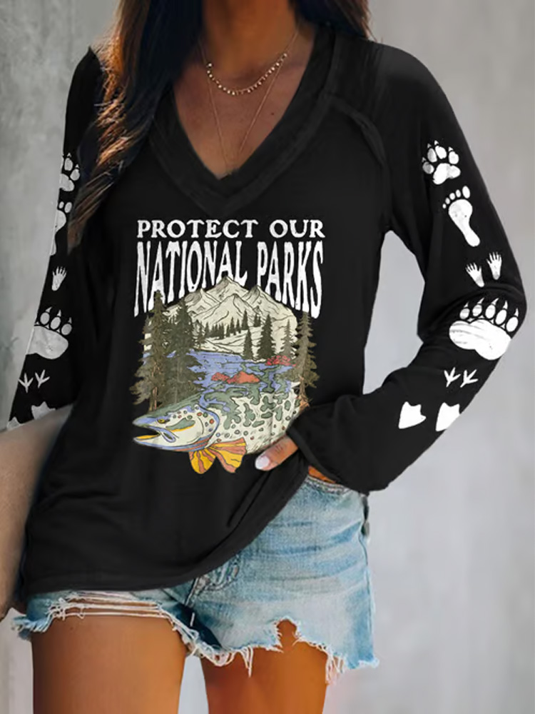 Women's Protect Our National Parks Print V Neck T-shirt