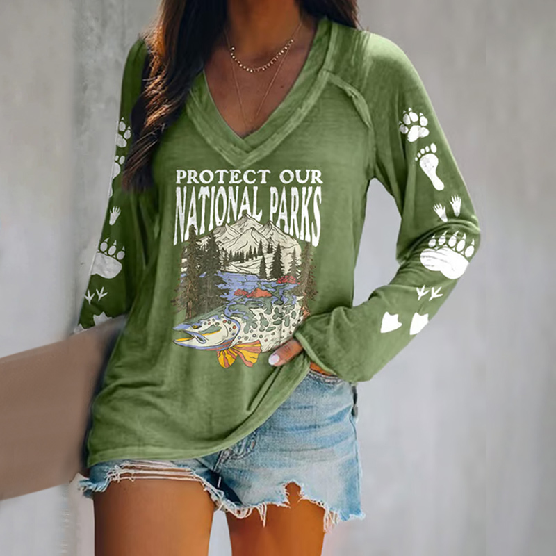 Women's Protect Our National Parks Print V Neck T-shirt