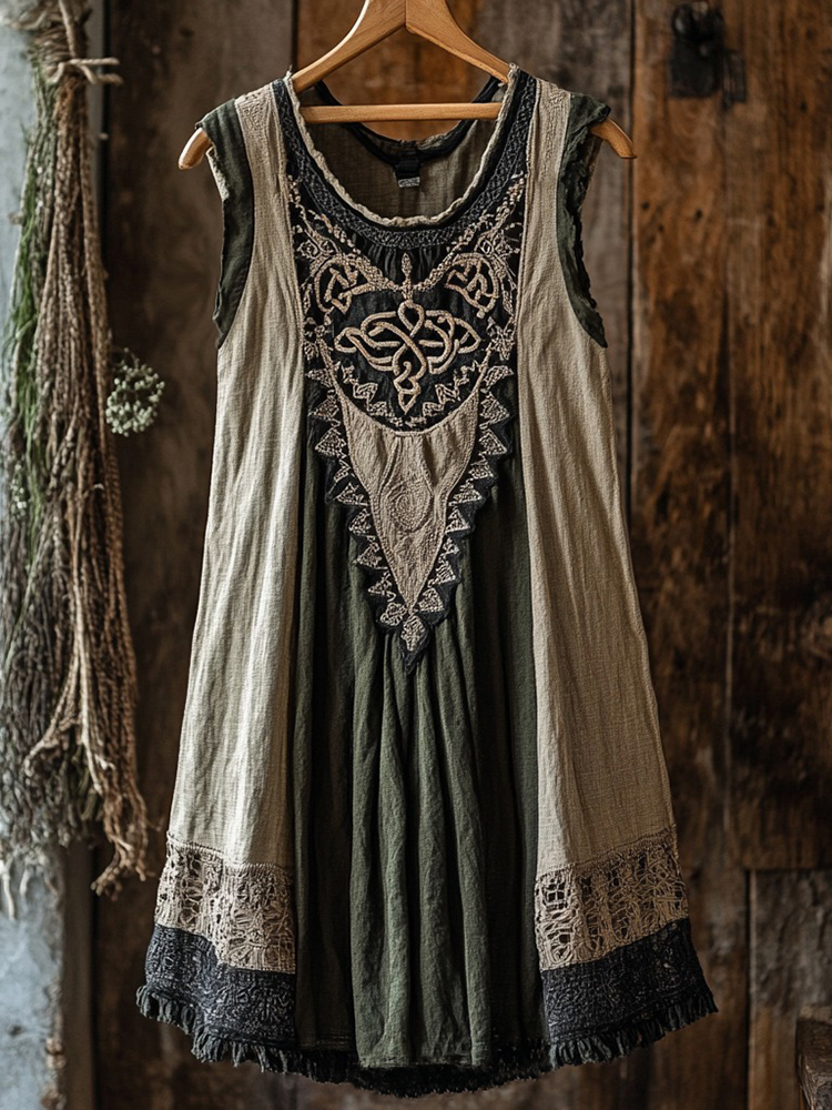 Tribal Celtic Knot Lace Patchwork Art Linen Tank Dress