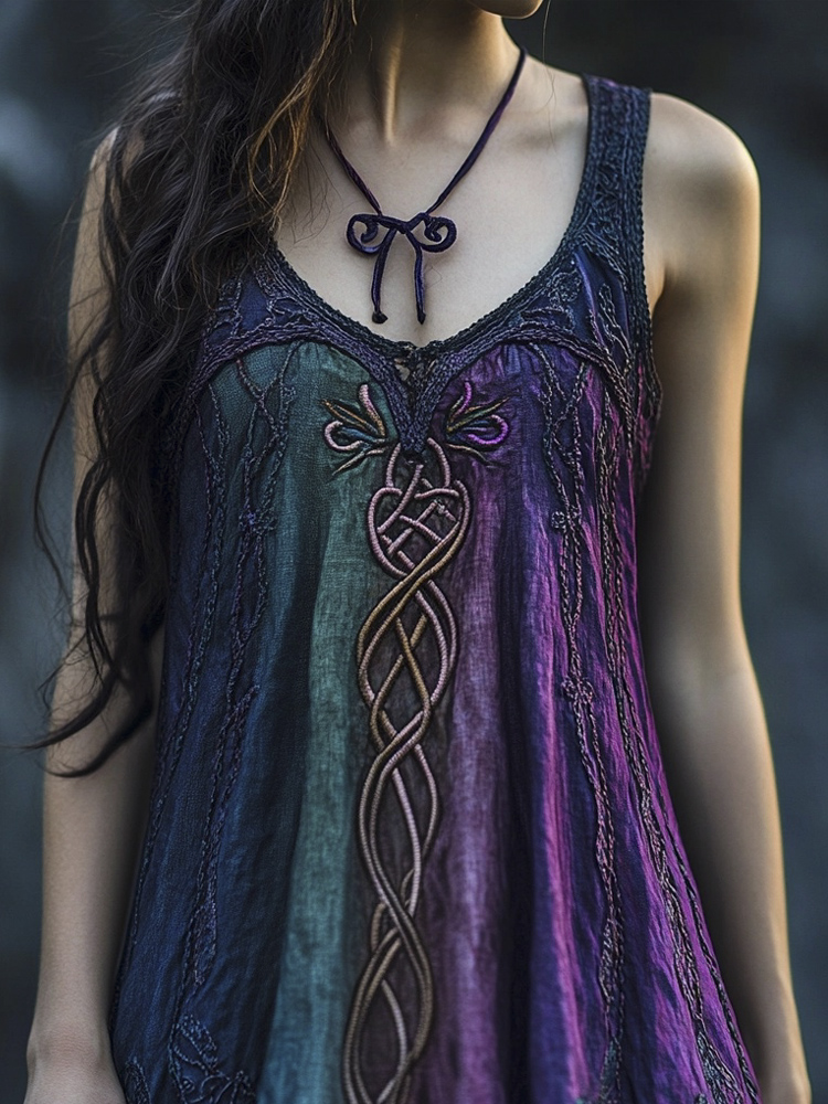 Vintage Celtic Mythology Gradient Lace Linen Tank Dress