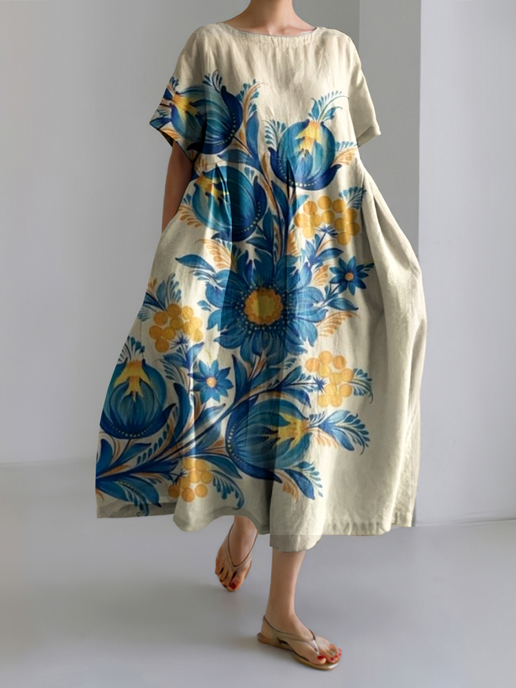 Ukrainian Vintage Flower Art Pattern Linen Blend Maxi Dress