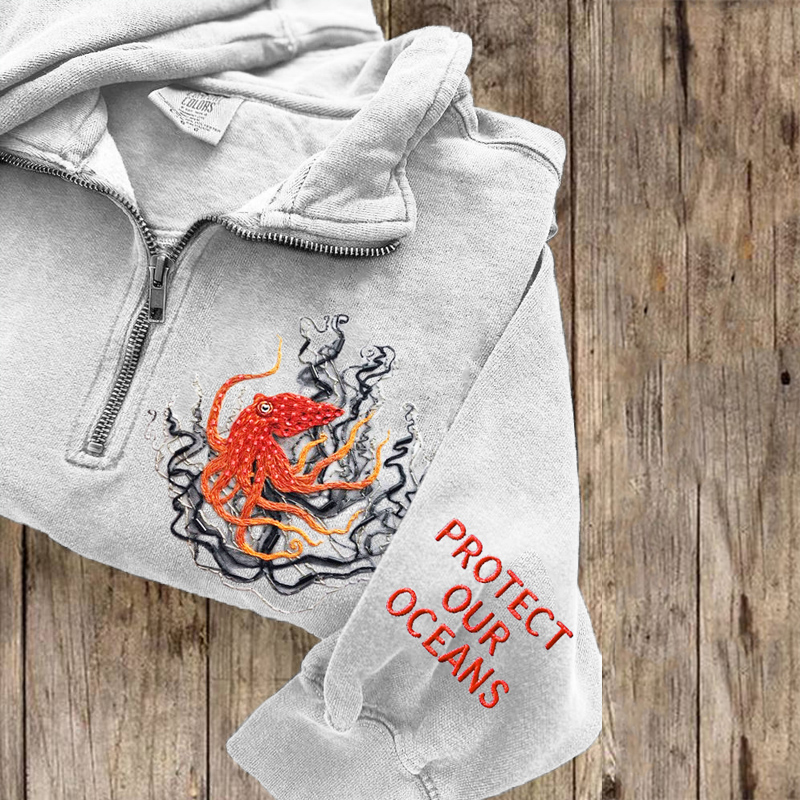Protect Our Oceans Octopus Embroidery Half-zip Sweatshirt