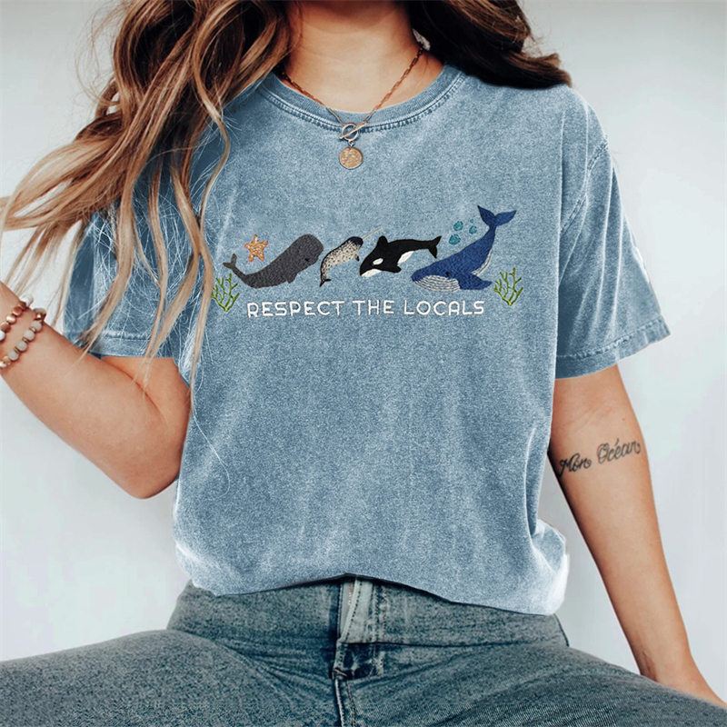 Respect The Locals Whales Embroidered Vintage Washed T Shirt