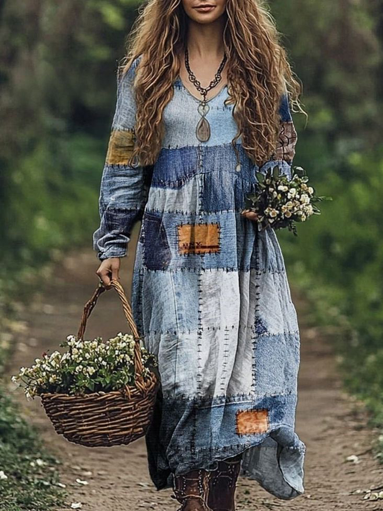 Geometric Denim Patchwork Pattern Women's Flowy Maxi Dress