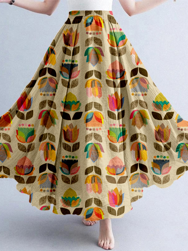 Retro Color Block Flowers  Abstract Art Linen Blend Skirt