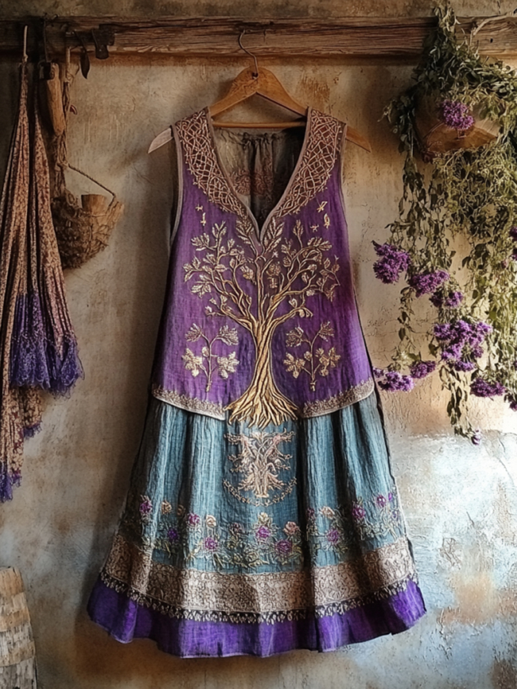 Vintage Viking Tribal Celtic Knot Life Of Tree Patchwork Art Linen Tank Dress