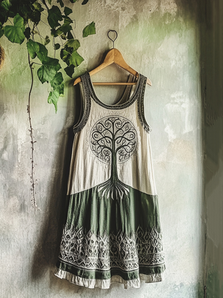 Vintage Tribal Celtic Knot Life Of Tree Patchwork Art Linen Tank Dress