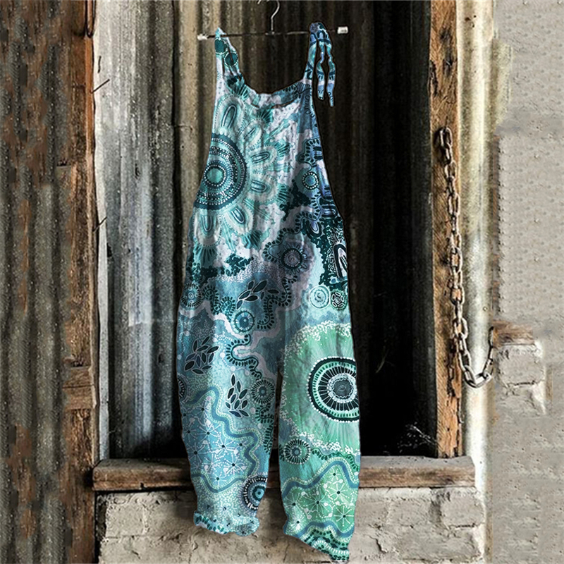 Boho Floral Ethnic Art Linen Blend Jumpsuit