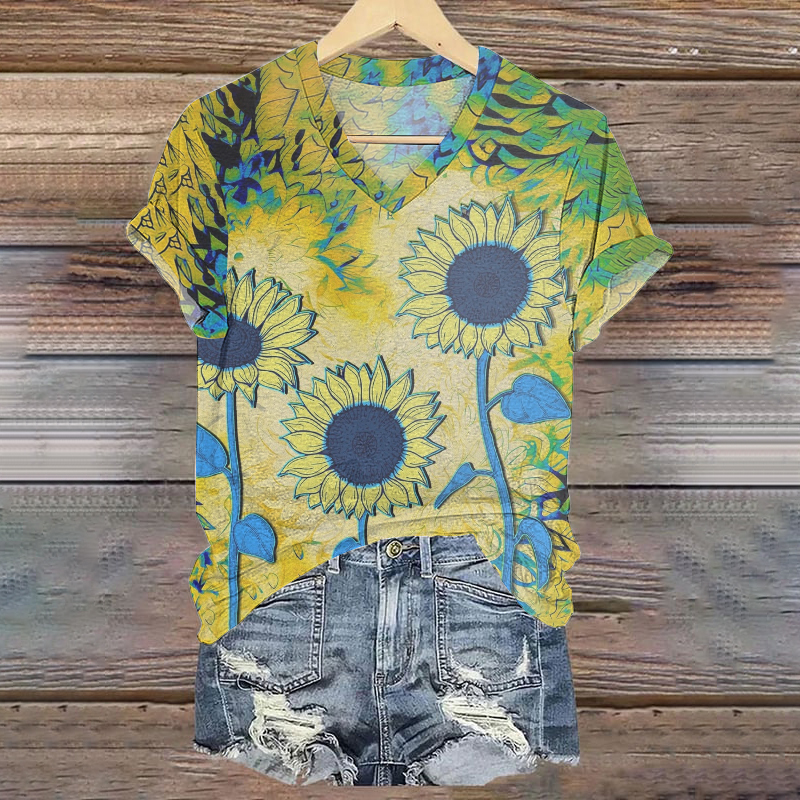 Retro We Standing Together Ukrainian Sunflowers  Art Pattern Casual T Shirt