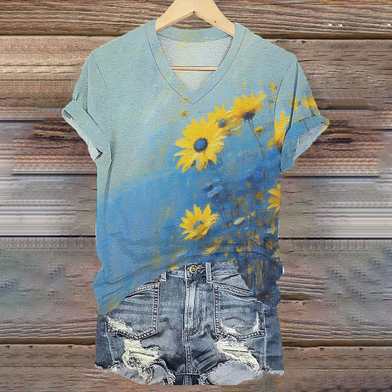 Ukrainian Flag In Floral Oil Art Stop Ukr War  Print T-shirt