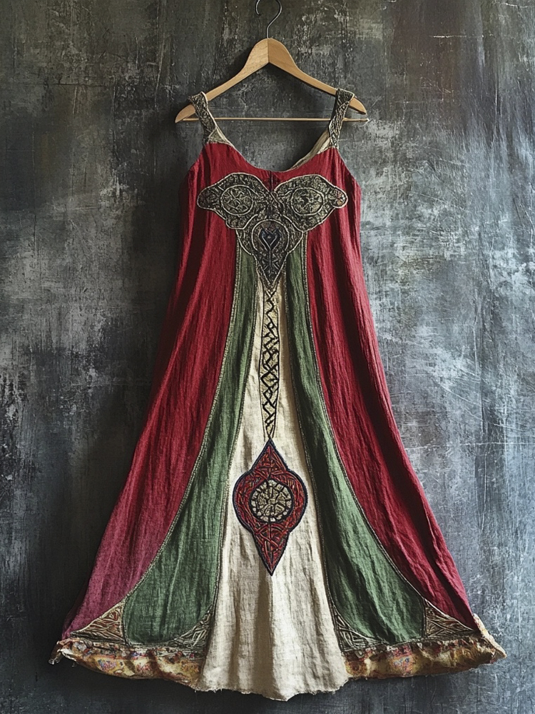 Celtic Totem Printed Vintage Linen Halter Dress