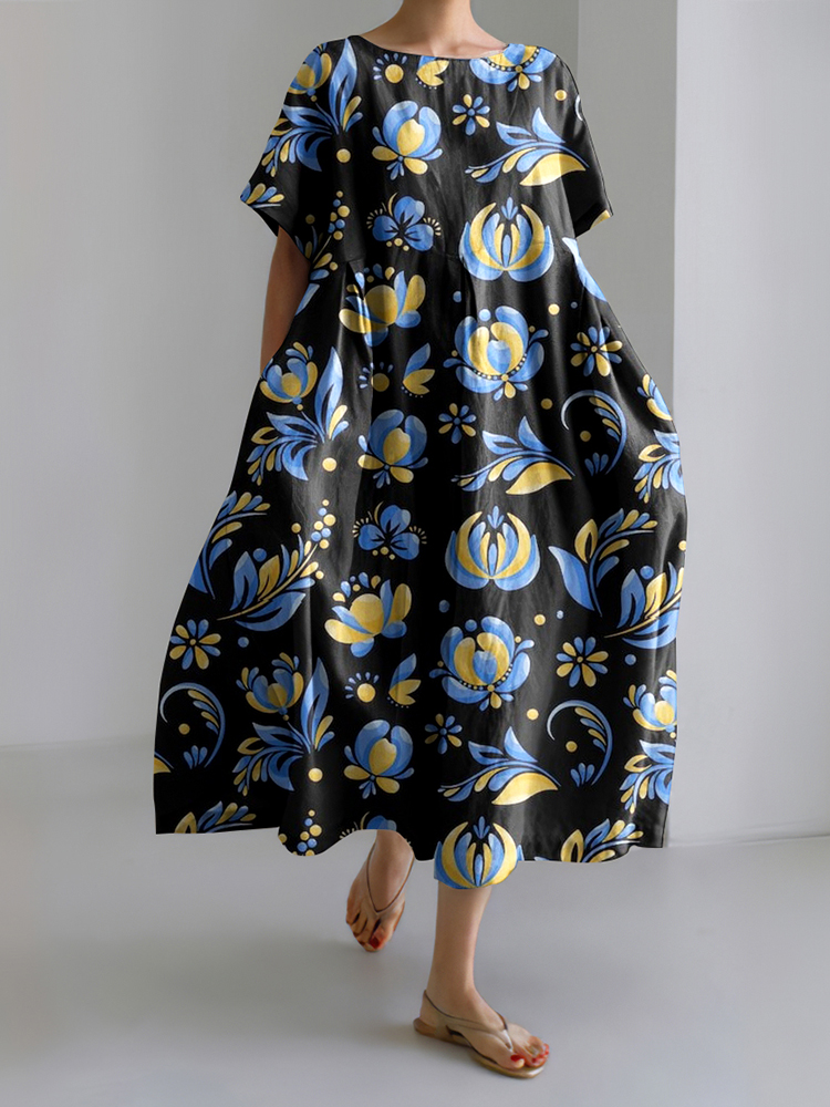 Ukrainian Vintage Flower Art Pattern Linen Blend Maxi Dress