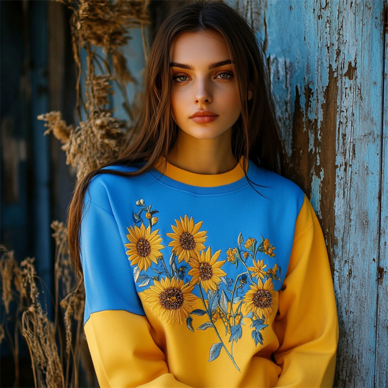 Sunflowers Embroidered Ukraine Contrast Color Sweatshirt