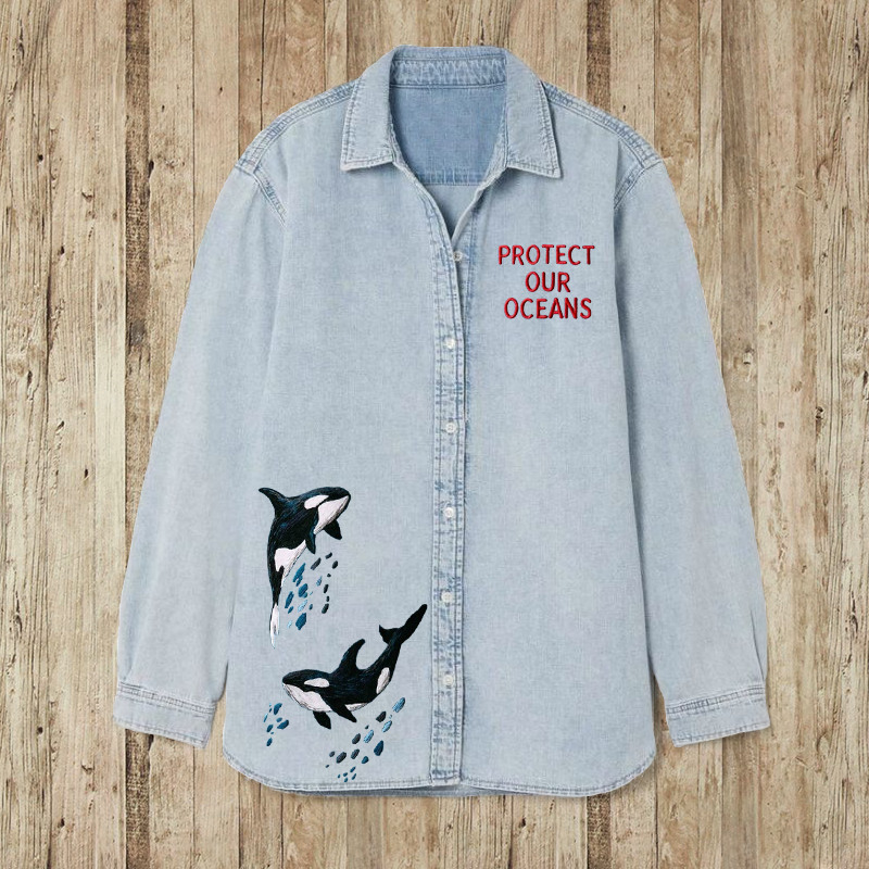 Protect Our Oceans Whales Embroidered Denim Blouse