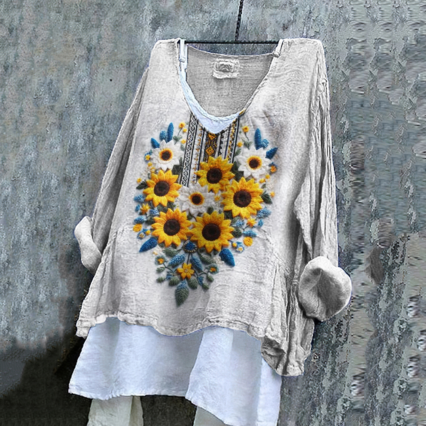 Ukrainian Flag In Floral Embroidered Stop Ukr War Print Linen Women's V-neck Shirt