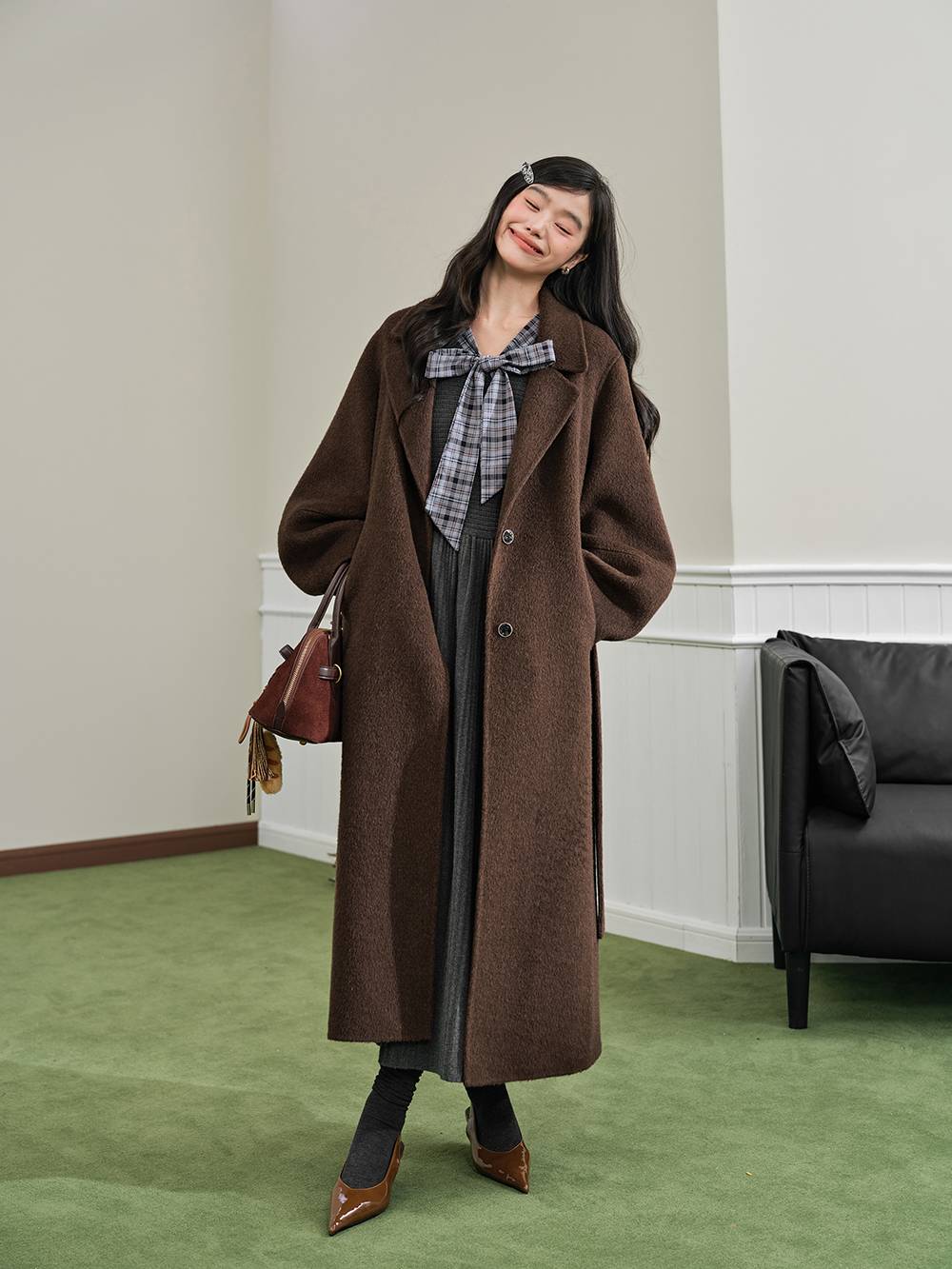 Plaid Ribbon Tie Knit Dress