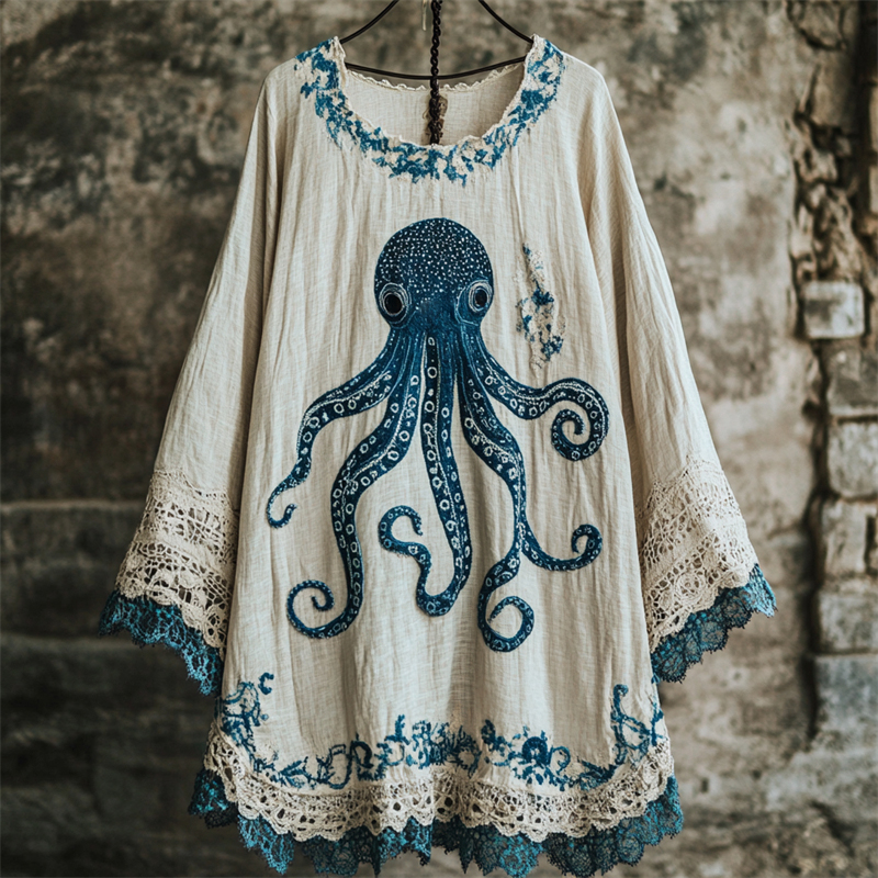 Octopus Embroidered Contrast Lace Hem Linen Blend Tunic