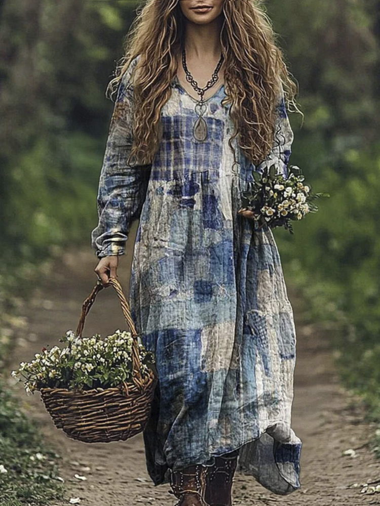 Geometric Patchwork Pattern Women's Flowy Maxi Dress