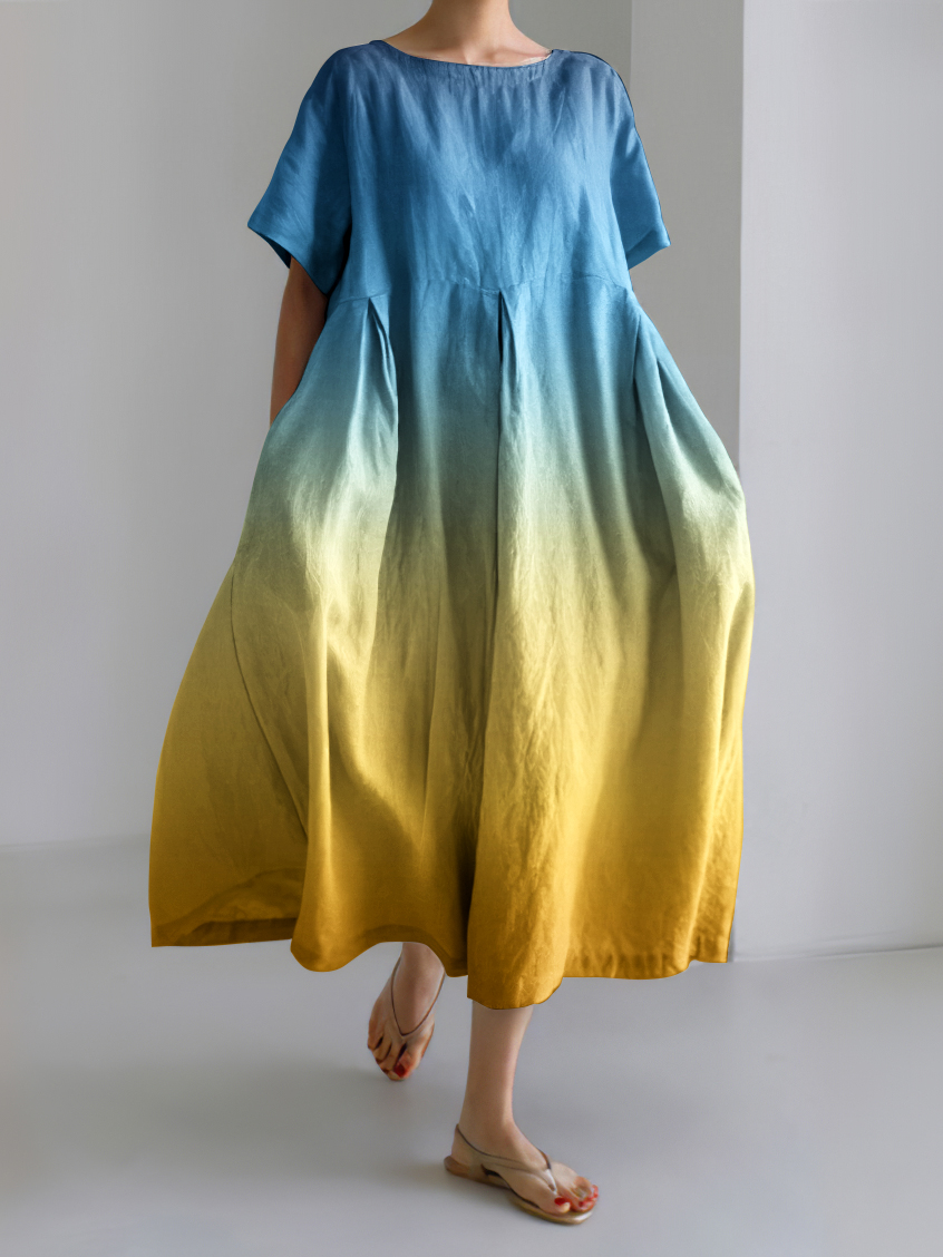 Ukrainian Gradient Art Pattern Linen Blend Maxi Dress